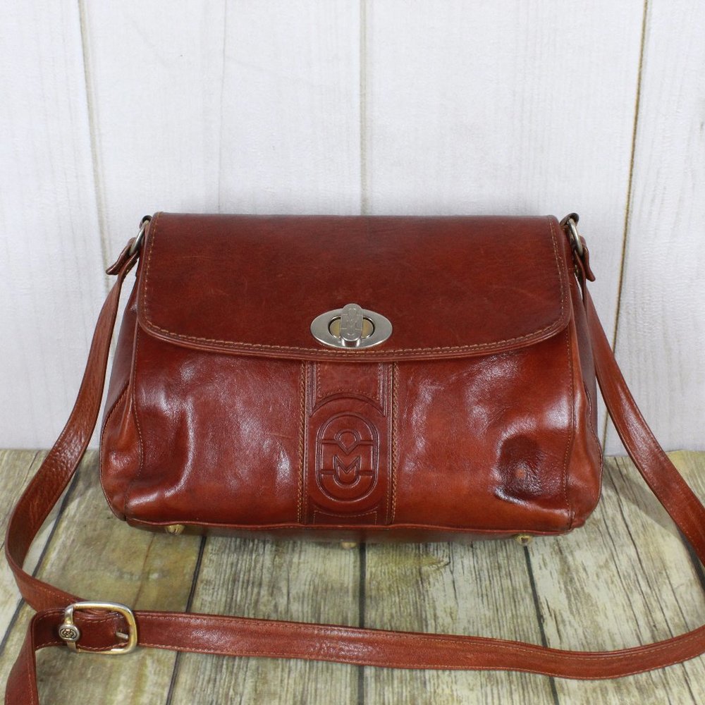 Marino Orlandi Brown Leather Flap Studded Plaid Lined Crossbody Purse Handbag - Picture 2 of 12